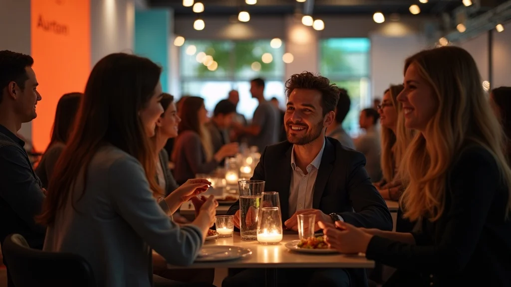 Optimistic founders networking at Costa Mesa tech mixer, exchanging business cards, group discussions, vivid clarity, balanced palette, stylish lighting.