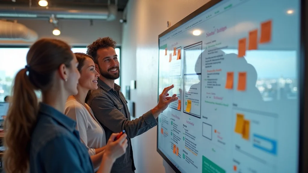 Diverse early-stage SaaS team collaborating at digital whiteboard in Costa Mesa office, energetic, open-plan, digital code screens, startup branding.