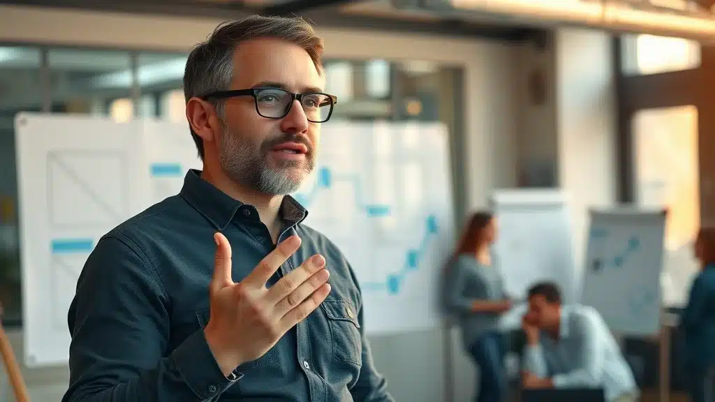 Confident founder addressing audience with trust and authority, reinforcing B2B visibility