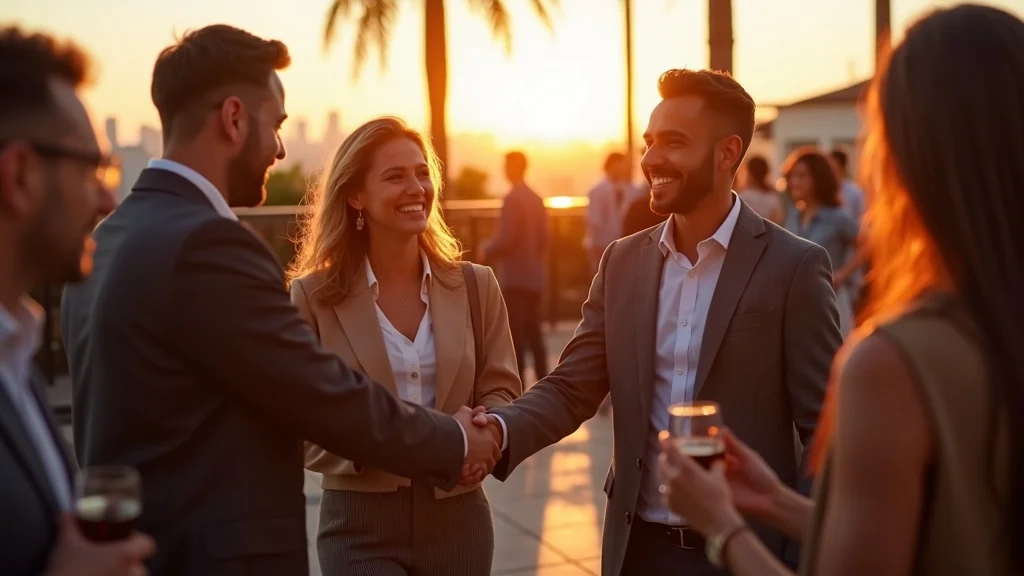 Vibrant Orange County tech networking event, SaaS professionals mingling on a rooftop, palm trees and skyline, demonstrating community-driven retention and customer success