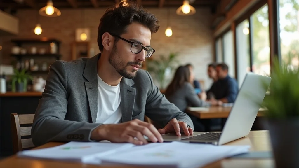 Concerned tech founder reviewing data in Costa Mesa coffee shop, open laptop, focused expression, notes and subtle entrepreneurial networking in background, warm earth tones.
