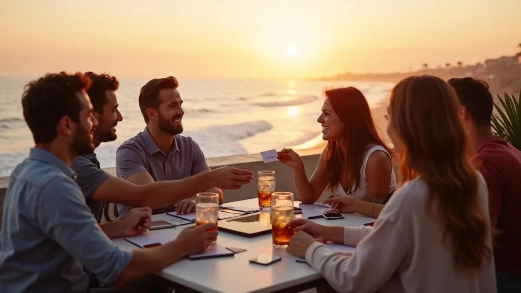Tech founders networking at Huntington Beach rooftop event—relaxed entrepreneurs exchange business cards and ideas with sunset beach backdrop, soft edge detail, and community energy