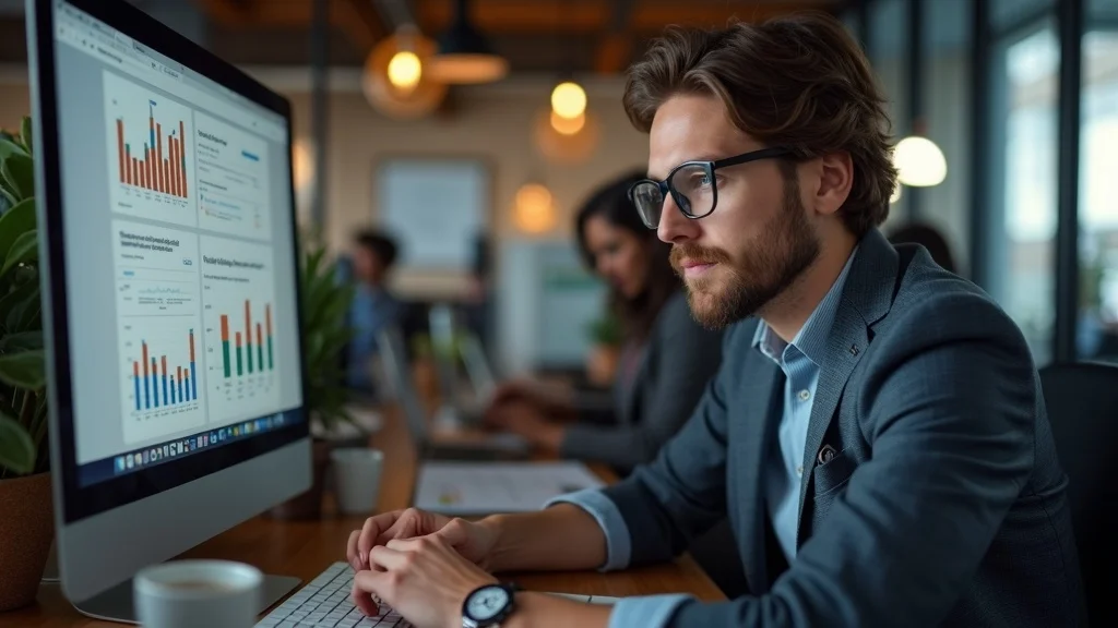 Determined tech founder in a modern Anaheim coworking space reviewing financial graphs and funding applications — fundraising and talent challenges in Anaheim startup business
