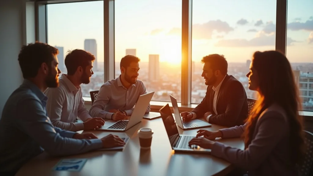 Orange County startup investors collaborating in a modern coworking space with the city skyline, exemplifying the collaborative and sector-focused local investment scene