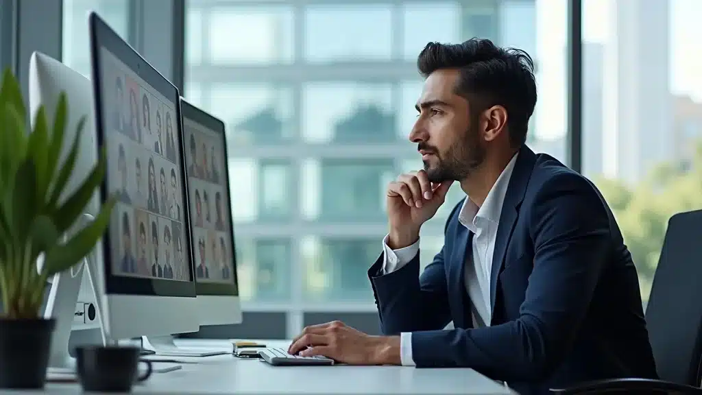 fractional executive search for orange county startups: Professional recruiter evaluating executive profiles — attentive, thoughtful, positive demeanor, browsing a digital database of candidate headshots, styled as photorealistic set inside a contemporary executive search firm in Irvine, featuring computer screens, plants, and cityscape views, rendered with lifelike skin and fabric textures, ultra-realism, emphasized with light grays and glass textures, under bright indirect office light, shot with a 35mm lens at f/2.