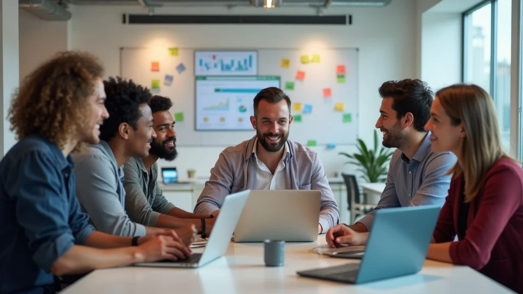 Dynamic group of diverse tech startup founders collaborating and tracking growth metrics Orange County tech startup founders should track in a photorealistic Irvine coworking setting with analytics dashboards, sticky notes, and digital screens showing conversion rate and churn rate.