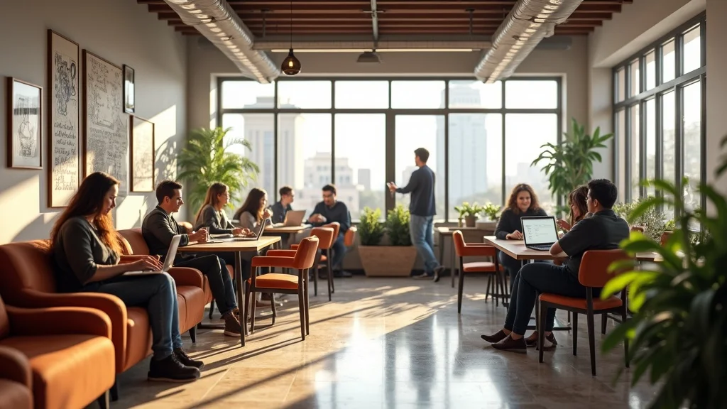Inviting Anaheim coworking hub interior with diverse entrepreneurs and open workspaces – coworking spaces for Anaheim tech startups