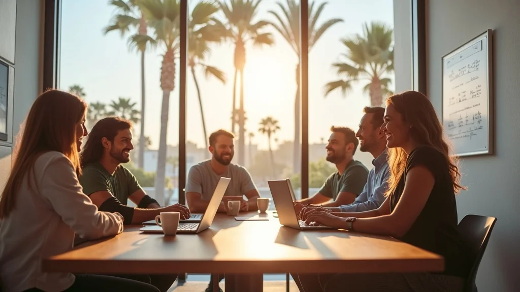 Vibrant coworking space in Huntington Beach with entrepreneurs networking, collaborating at modern shared tables with coastal-inspired decor, laptops, and palm tree views - huntington beach tech startup growth guide