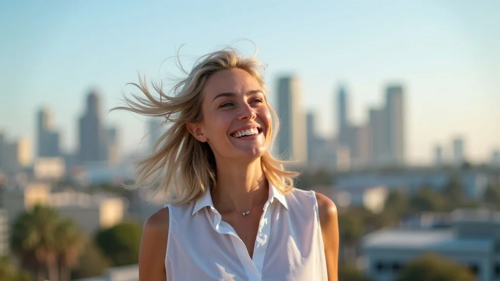 Confident Orange County tech founder portrait against tech campus background, open optimism for customer retention and saas growth strategies