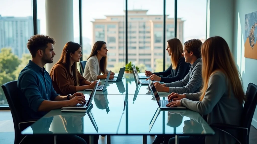 Diverse founders collaborating around a modern table in a high-rise Orange County startup office, with cityscape views—digital pitch decks and teamwork feel, energetic, inclusive startup setting