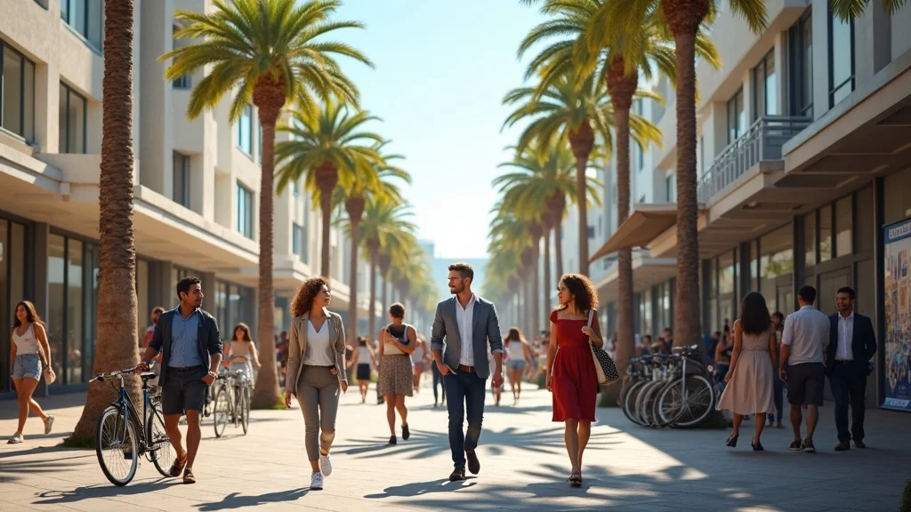 Modern business corridor in Costa Mesa, lively crowd, professionals engagement, palm-lined street, tech company signs, SoCal palette, sunny urban scene.