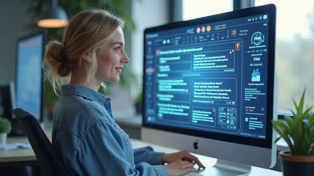Friendly digital marketer answering AI-generated FAQ on computer display; answer engine optimization FAQ, bright office.