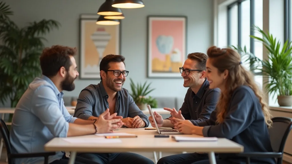 Inspirational Orange County startup founders brainstorming around a table in a modern workspace decorated with local art, lush plants, and digital devices under soft lighting.
