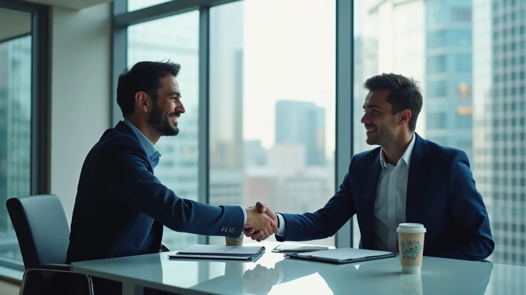 Startup marketing strategies dynamic business partnership handshake with city office view
