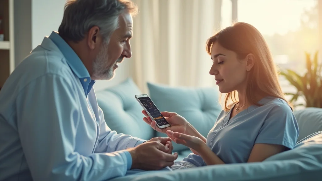 High-tech home patient monitoring for ASC adoption, showcasing a content patient using modern medtech devices at home—illustrating orange county medtech startup growth strategies for clinical efficiency.