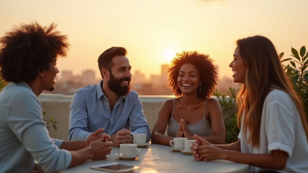 Supportive founders in outdoor Costa Mesa roundtable, rooftop workspace, open dialogue, plants, skyline, coastal color palette, golden hour.