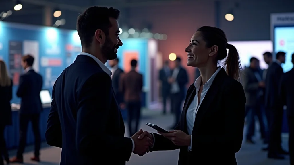 Confident medtech founder networking with investors at a pitch night, exemplifying Orange County's vibrant venture capital and tech startup scene driving medtech industry advancement.