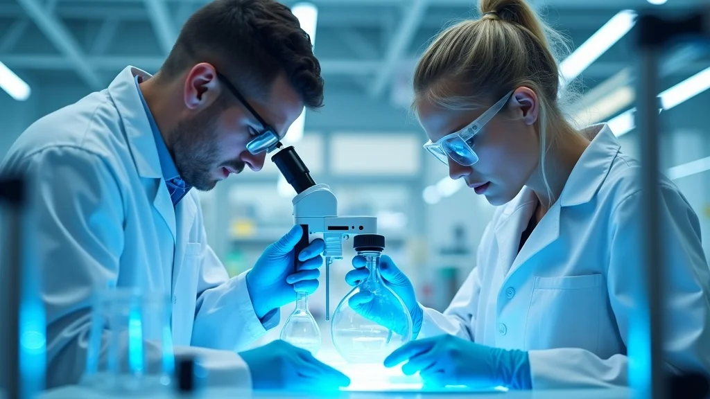 Entrepreneurs and scientists working at a cutting-edge biotech startup lab in Orange County, surrounded by advanced equipment, glassware, holographic data displays—team focused on high-tech experiments