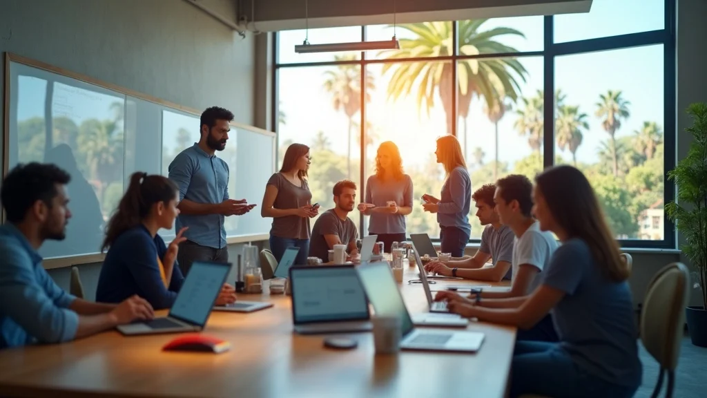 Modern Orange County SaaS startup office with energetic, diverse tech team collaborating on laptops and whiteboards, bright coworking space, palm trees outside, for reduce orange county tech startup saas churn strategies