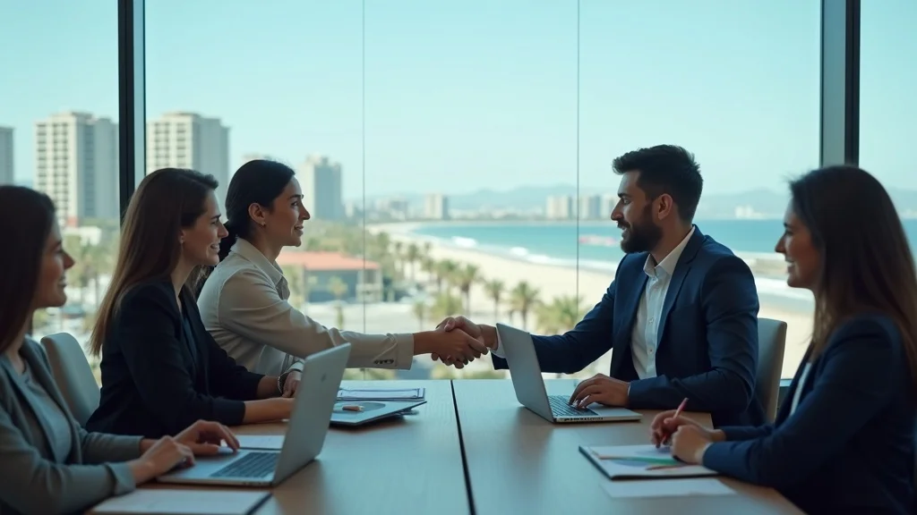 Modern tech team interview in Huntington Beach—candidates and interviewers in glass-walled room overlooking cityscape, representing tech talent competition