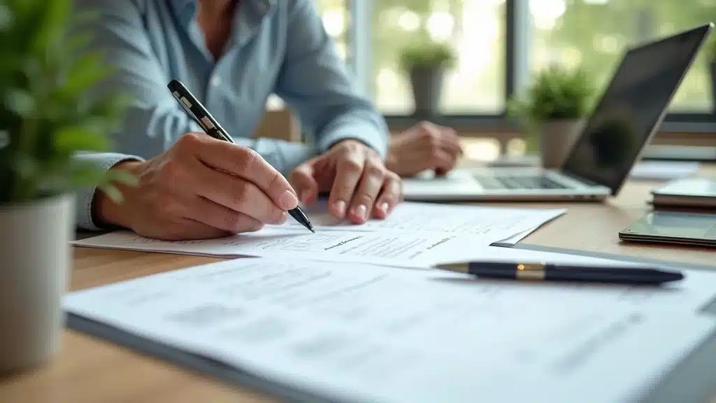 Orange County startup founder exit planning with checklist, documents and digital files on desk, close-up, soft daylight