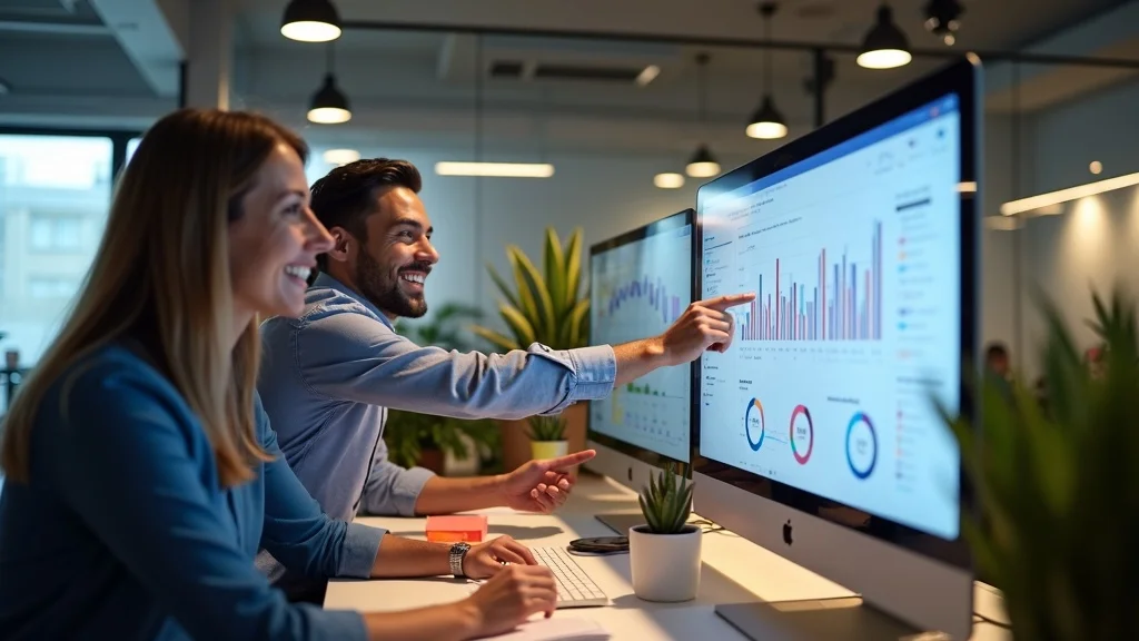 Energetic Orange County SaaS analytics team in a tech workspace discussing growth metrics Orange County tech startup founders should track, focusing on conversion rate and churn rate on a digital dashboard.