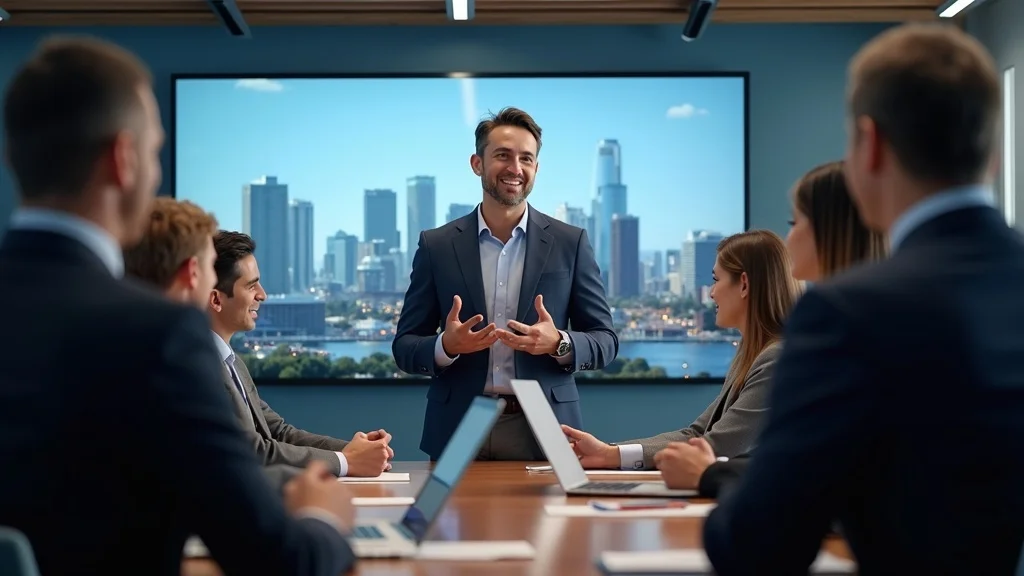 Orange County SaaS founder pitching to local tech investors in a modern conference room