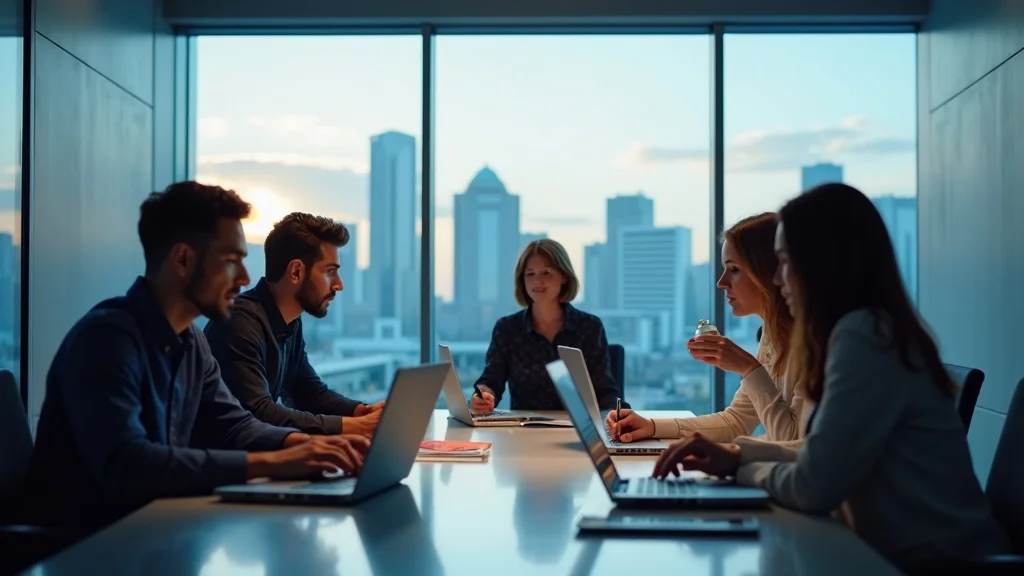 Orange County startup team collaborating in a sleek, glass-walled office with city views, laptops, sticky notes, and tablets in a modern blue-gray palette.
