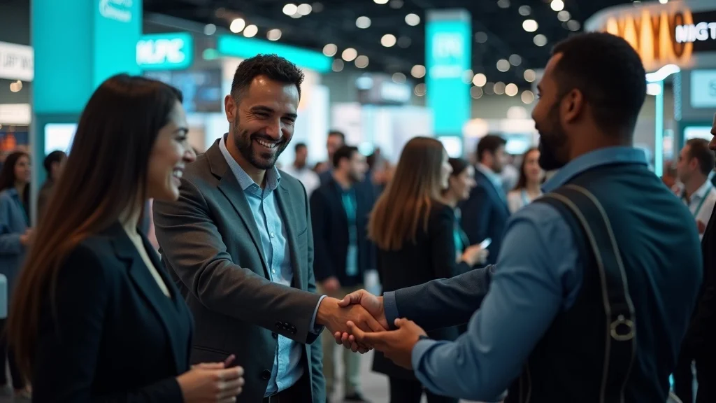 Engaged, smiling founders and investors networking at a high-tech MedTech startup event in Orange County, digital displays and branded booths in the background, vibrant contemporary conference setting