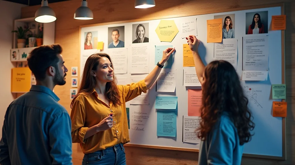 Dynamic brand journey storyboard — determined, creative startup team pinning before-and-after visuals and persona notes onto a bulletin board, styled as photorealistic, set in a casual project room filled with sketches, tech devices, branded swag, featuring action lines, collaborative energy, vivid orange and blue tones, highlighted by warm afternoon light, shot with a 35mm lens.