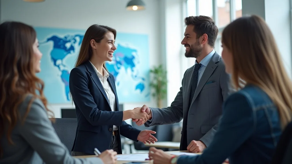 Collaborative university meeting — young entrepreneur shaking hands with university representative, building tech startup-university partnerships in Anaheim
