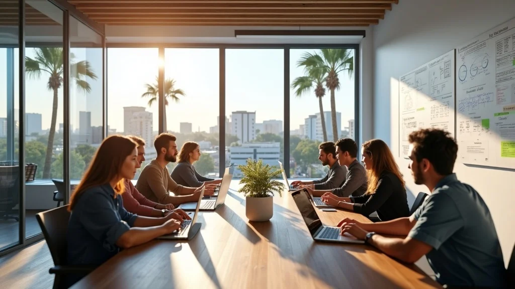 Modern Orange County tech startup office showing collaborative teams and branding efforts