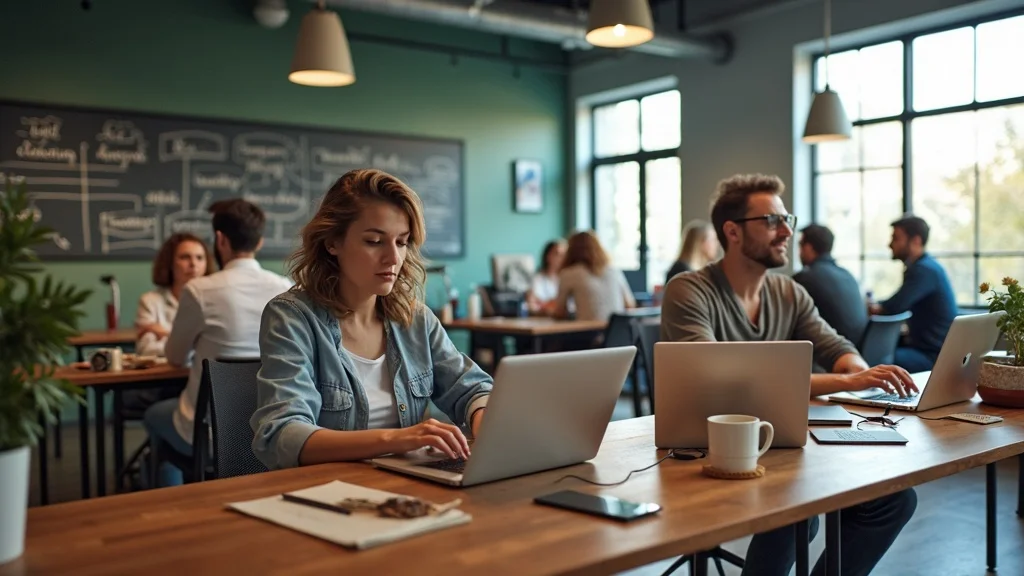 Vibrant coworking hub in Costa Mesa, lively, modular furniture, digital gadgets, coffee pouring, harmonious color palette, crisp detail, open-energy composition.