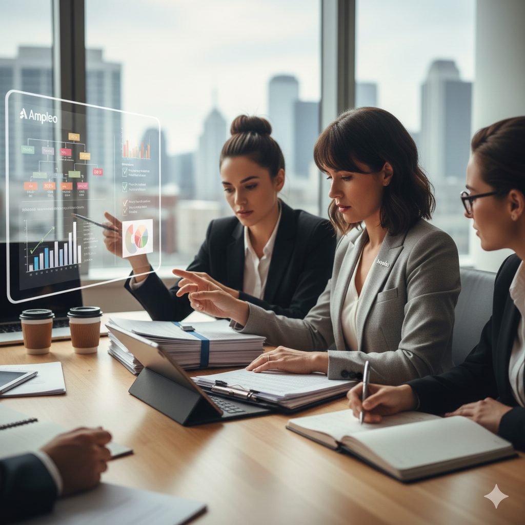 Attentive HR manager analyzing compliance documents and collaborating with team, illustrating quality control in right-sized HR solutions
