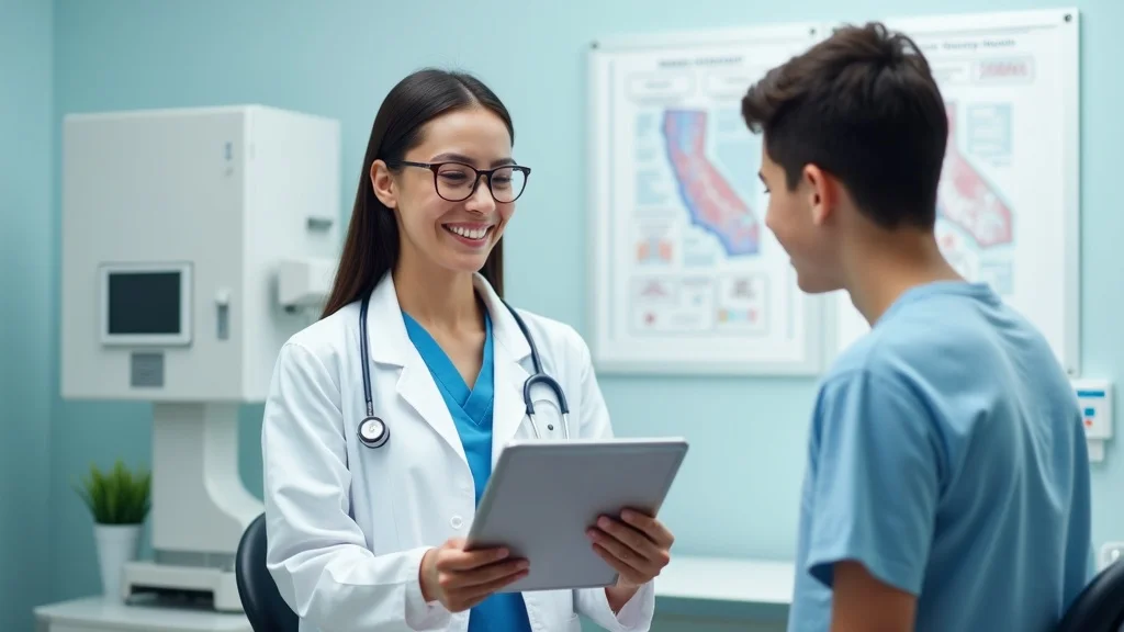 Modern Orange County medical expert consulting a patient with a digital tablet, demonstrating answer engine optimization for healthcare.