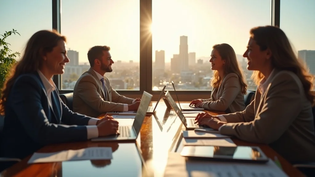 Orange County business executives discussing local authority and digital marketing for answer engine optimization in a sunlit boardroom.