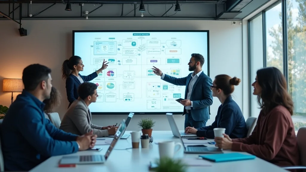 Orange County marketing professionals in a team meeting, brainstorming answer engine optimization strategies on a digital whiteboard.