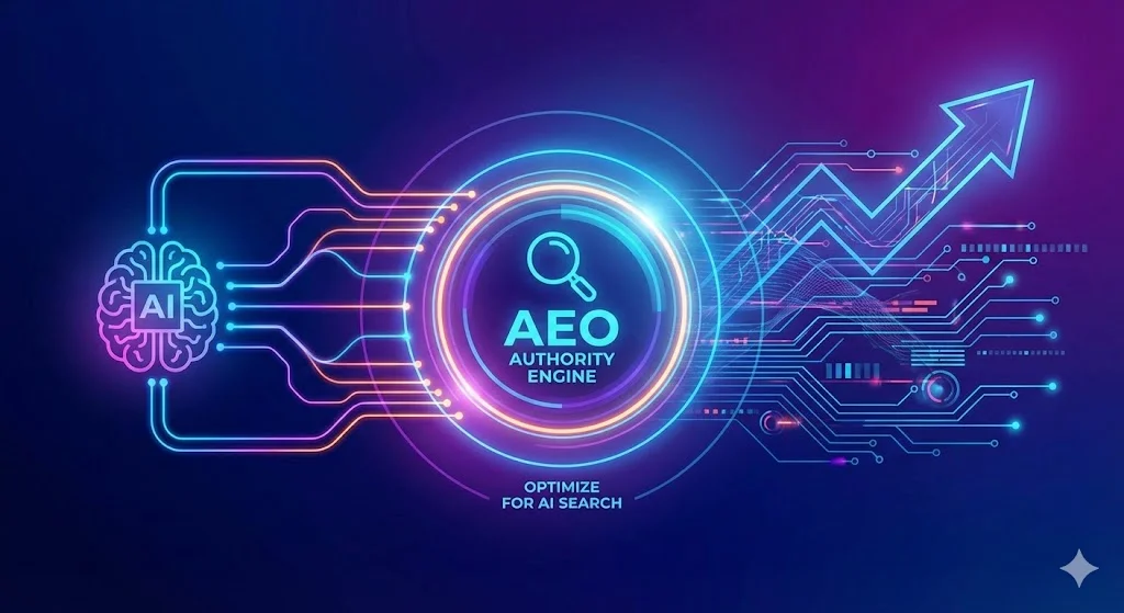 Orange County AEO summary infographic illustrating key digital marketing and answer engine optimization concepts.