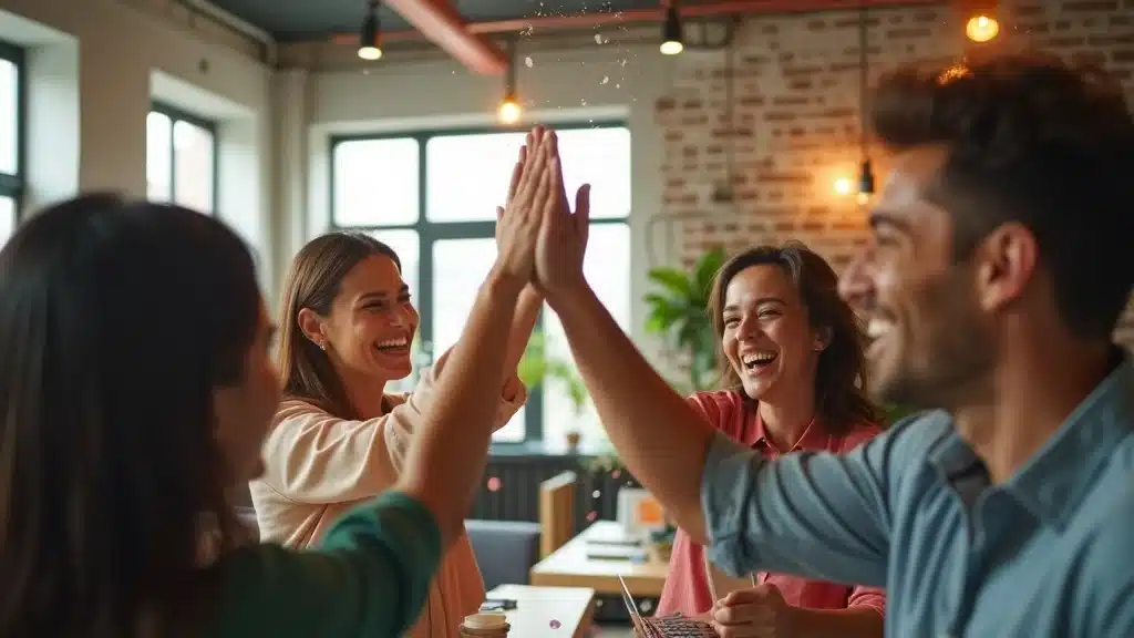 Successful startup team celebrates milestone demonstrating founder best practices