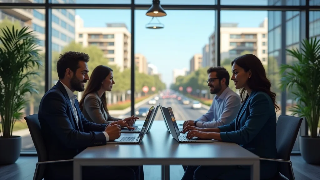 Modern Orange County business district with professionals discussing answer engine optimization strategies on digital devices in a contemporary Irvine office.