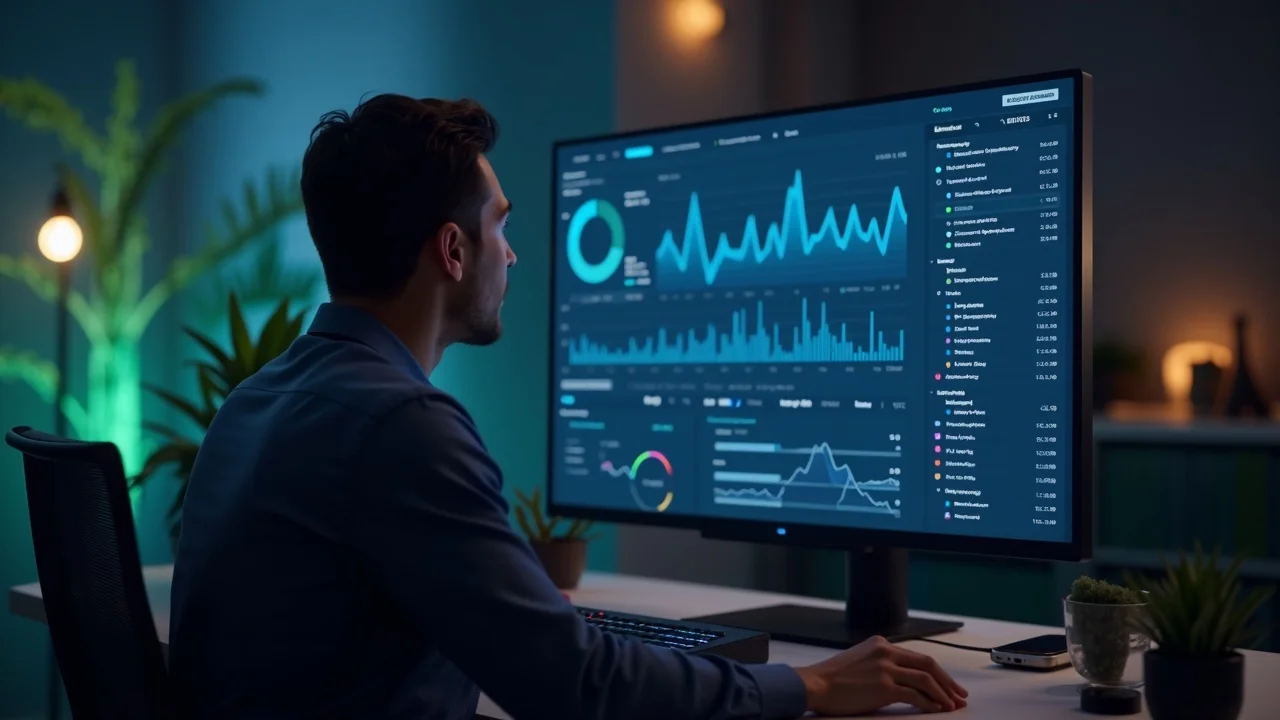 Marketer reviewing AI analytics and business metrics on a digital marketing dashboard, connected to strategies for getting cited by ChatGPT
