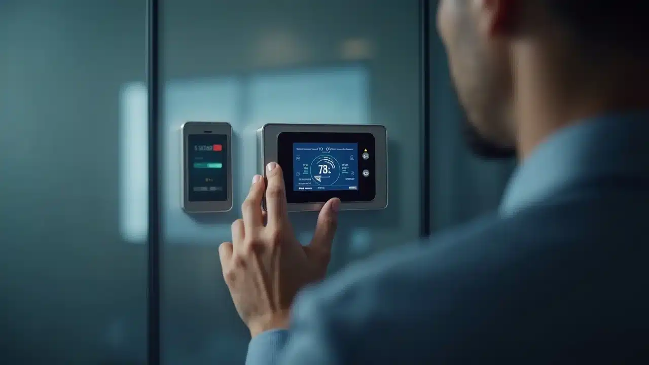 Smart HVAC control interface operated by business professional emphasizing commercial HVAC energy trends
