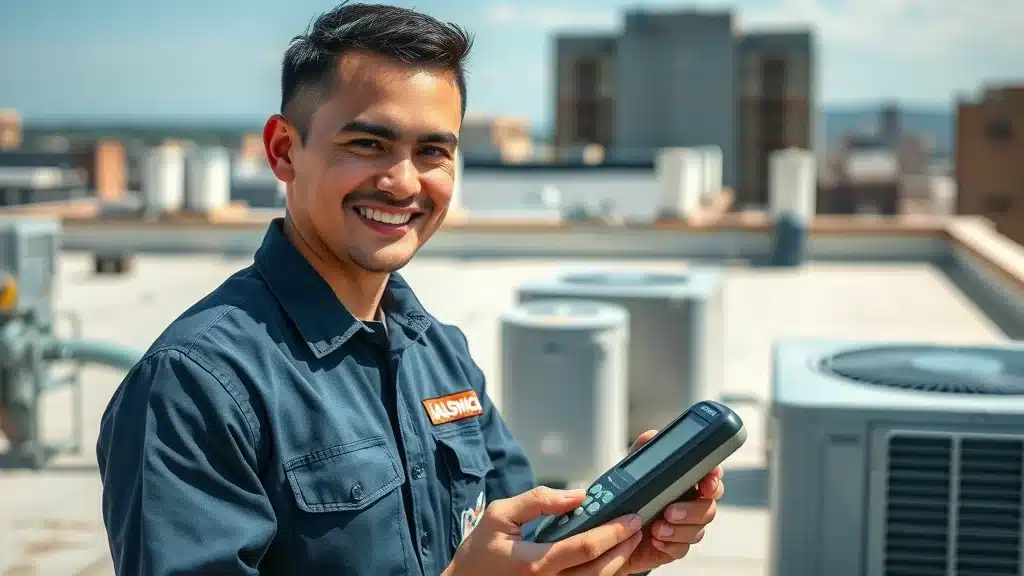 HVAC technician performing early season tune-up on commercial HVAC unit in Virginia