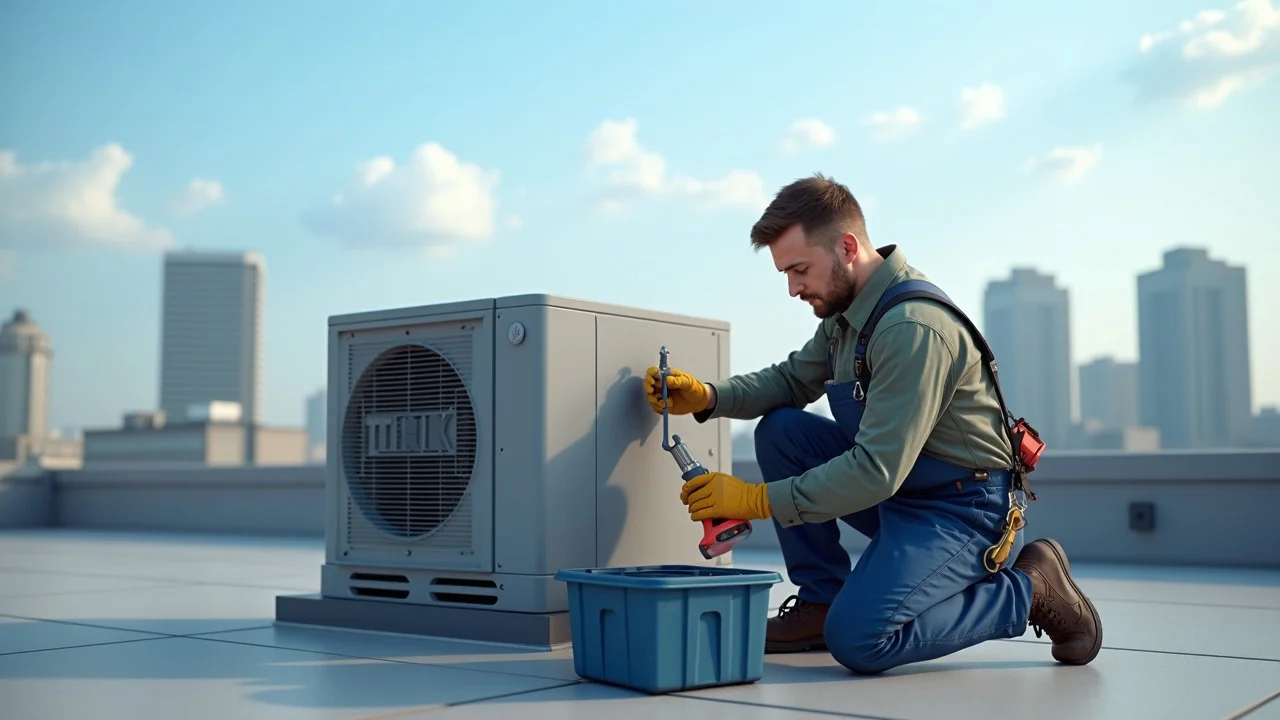 Commercial HVAC technician performing preventive maintenance on rooftop unit in Virginia