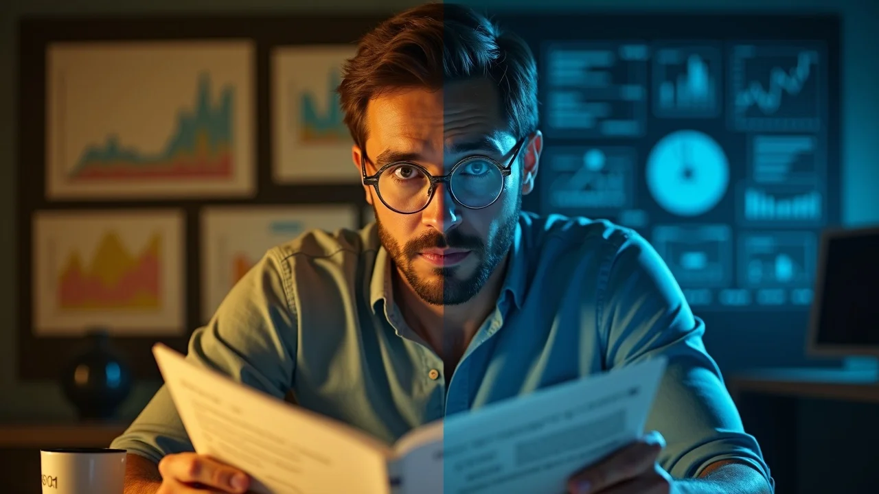 SEO expert contrasting traditional SEO tactics versus modern AI-driven search in a dual workspace setting, illustrating misconceptions about AI search and visibility