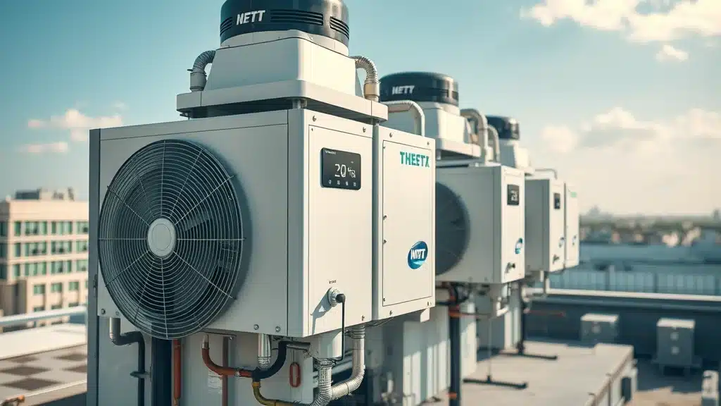 Modern commercial HVAC system with energy-efficient components on rooftop in Virginia