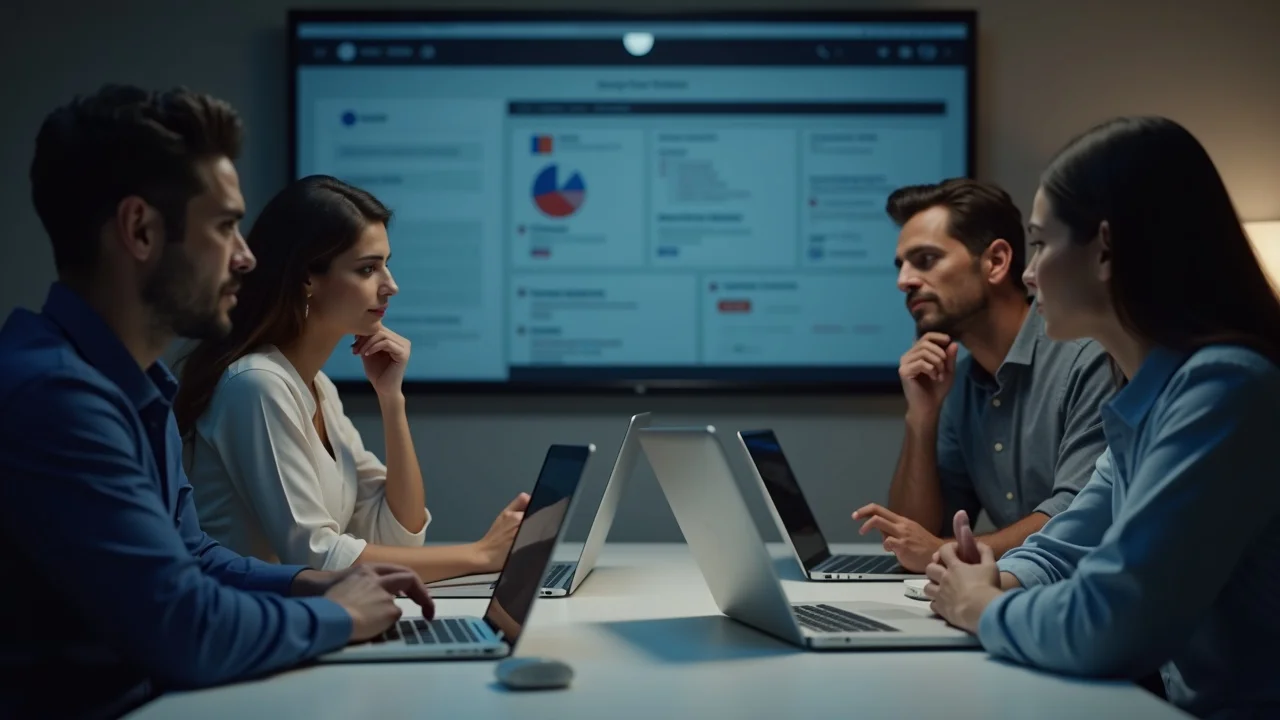 Marketing team collaborating on local SEO and AI content strategy in modern office environment