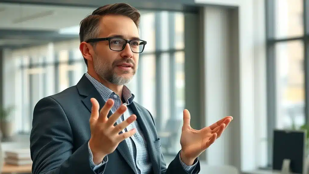 Confident business founder leading presentation on building digital authority for growth in high-trust industries