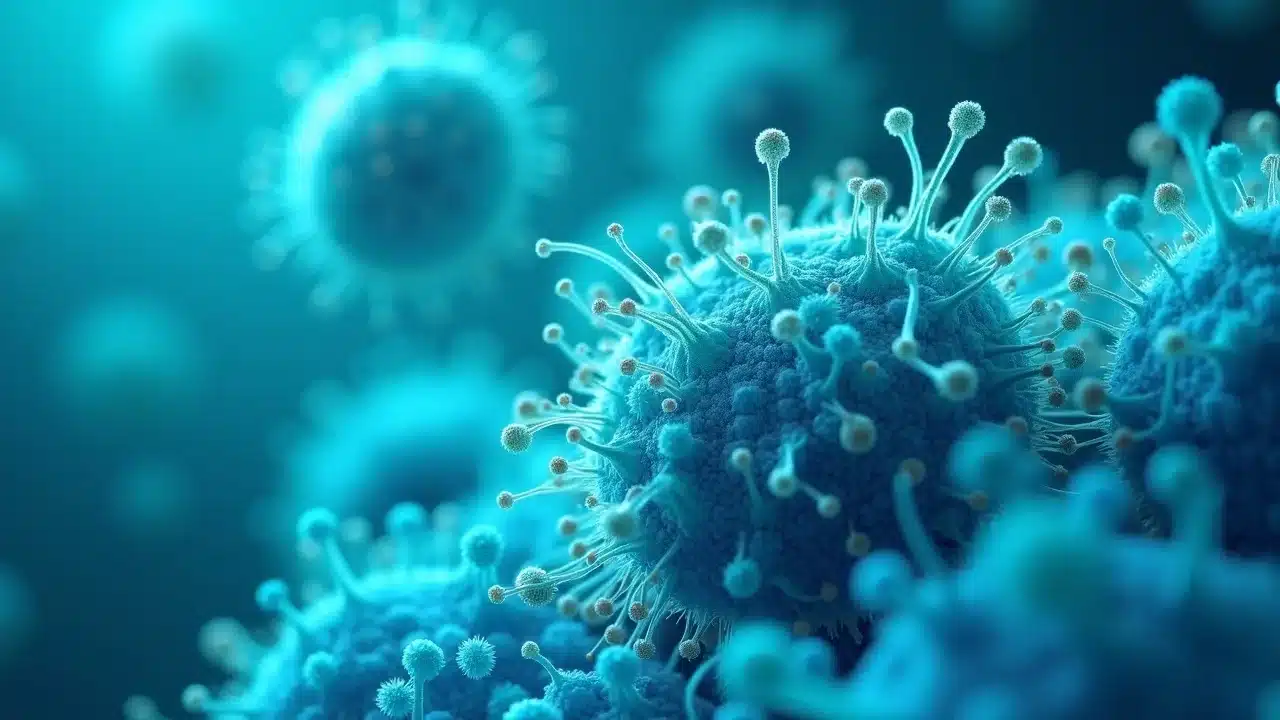 Detailed microscopic view of healthy oral microbiome showing vibrant colonies of bacteria in scientific illustration