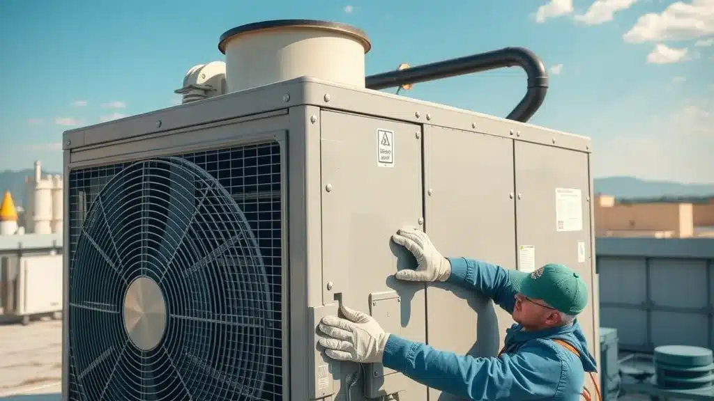 Commercial HVAC technician inspecting and maintaining rooftop HVAC unit ensuring efficient system
